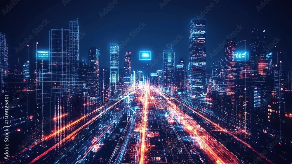 Fototapeta premium Futuristic cityscape with glowing lights and digital elements.