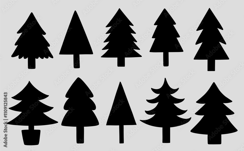 Obraz premium A set of silhouettes of Christmas trees on a light gray background. Suitable for season and holiday decorations. Black and white vector hand-drawn illustration.