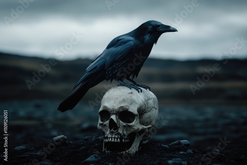 A black bird sits atop an old skull, surrounded by eerie silence photo