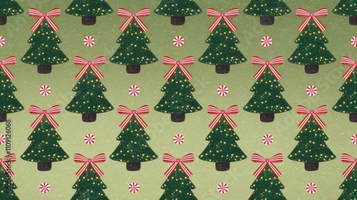 A very cute luxurious seamless pattern of small Christmas trees with artificial green sequins on a light green background.