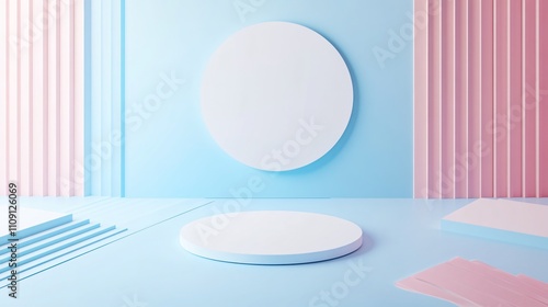 Minimalistic geometric display in pastel tones with white circular platforms and colored backdrop