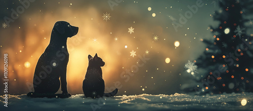 Silhouette of a cat and dog enjoying snowy christmas season, evening theme