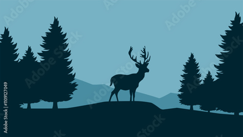 Landscape illustration of a deer silhouette in the pine forest