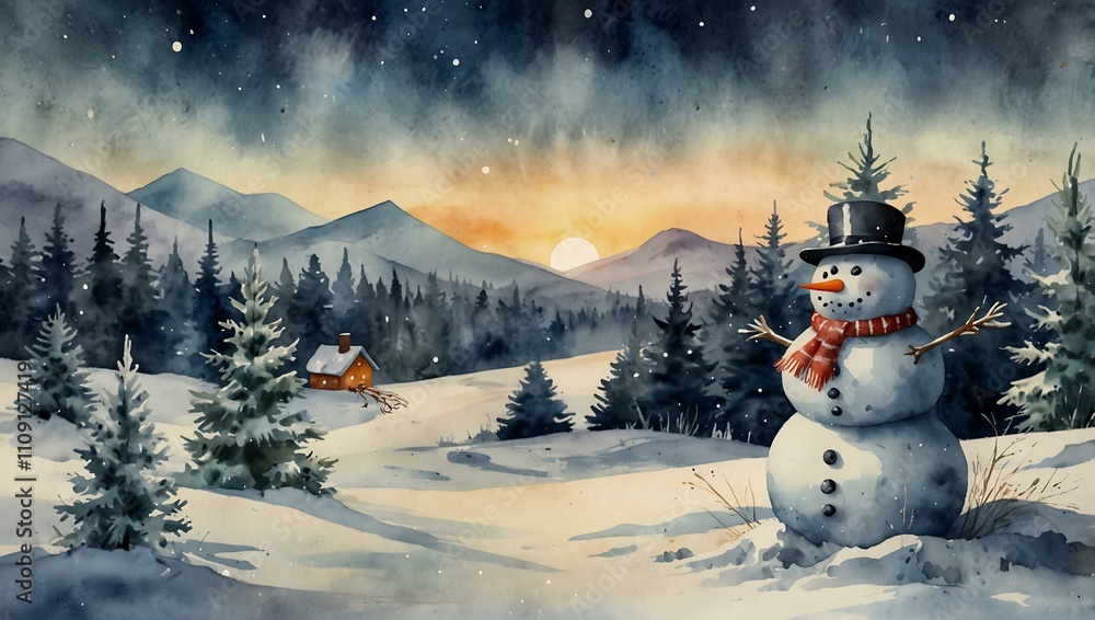 Obraz premium Watercolor Christmas scene with snowman and tree on snowy landscape.