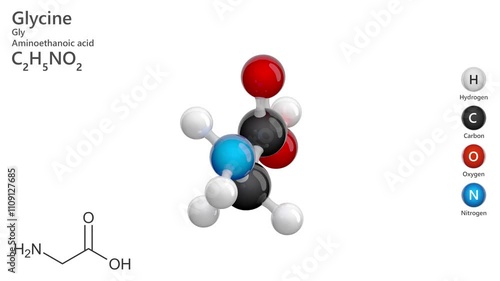 Glycine (Gly or G). Non-essential amino acid. Animated 3D model of a molecule. Molecular formula: C2H5NO2. Chemical model: Ball and sticks. White background. 3D rendering. Seamless loop. photo