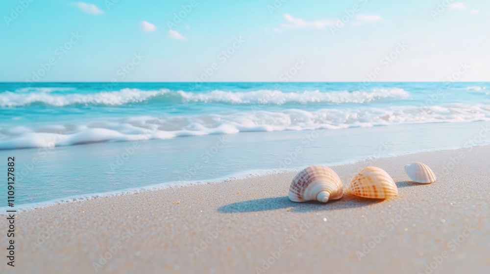 Seashells rest on a serene beach with gentle waves under a clear blue sky, AI Seashells rest on a serene beach with gentle waves under a clear blue sky, AI