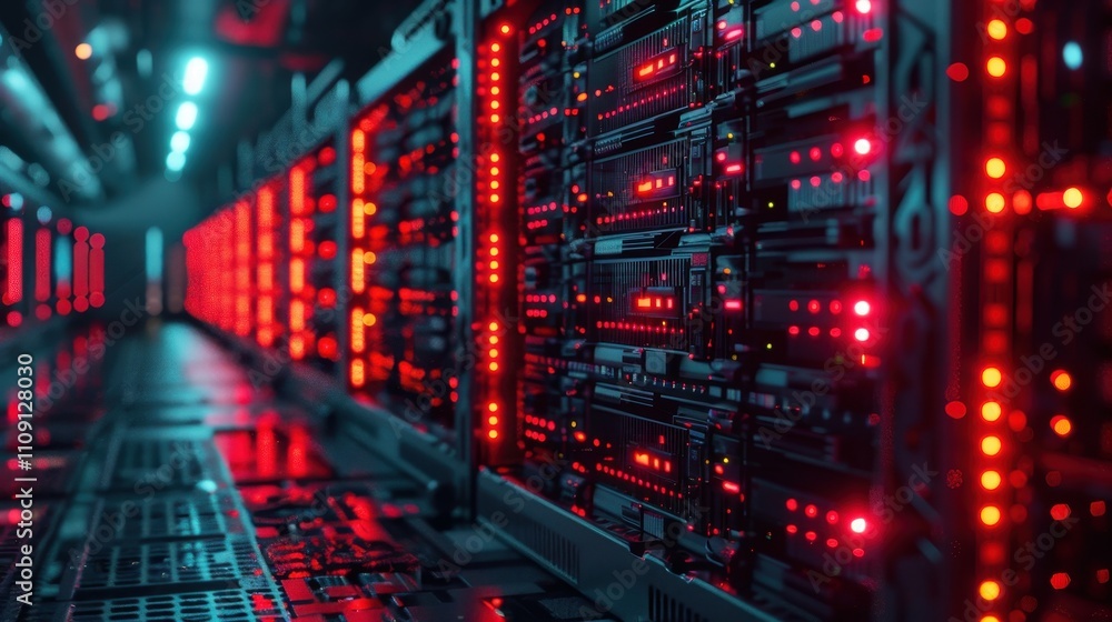 A futuristic server room illuminated by red lights, featuring rows of high-tech servers and a sleek, modern design. A futuristic server room illuminated by red lights, featuring rows of high-tech servers and a sleek, modern design.