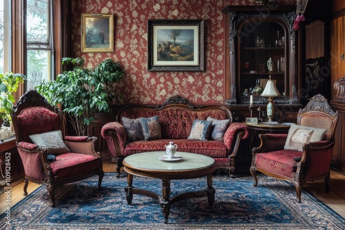 Elegant victorian style living room with antique furniture