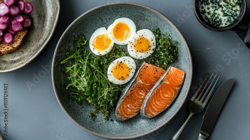 Wallpaper Mural Healthy Breakfast Plate with Smoked Salmon, Soft-Boiled Eggs, and Fresh Greens on a Rustic Stoneware Dish Torontodigital.ca