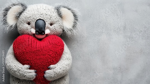 Knitted animal for Valentine. A cute koala plush toy holding a red heart against a textured gray background, symbolizing love and affection. photo