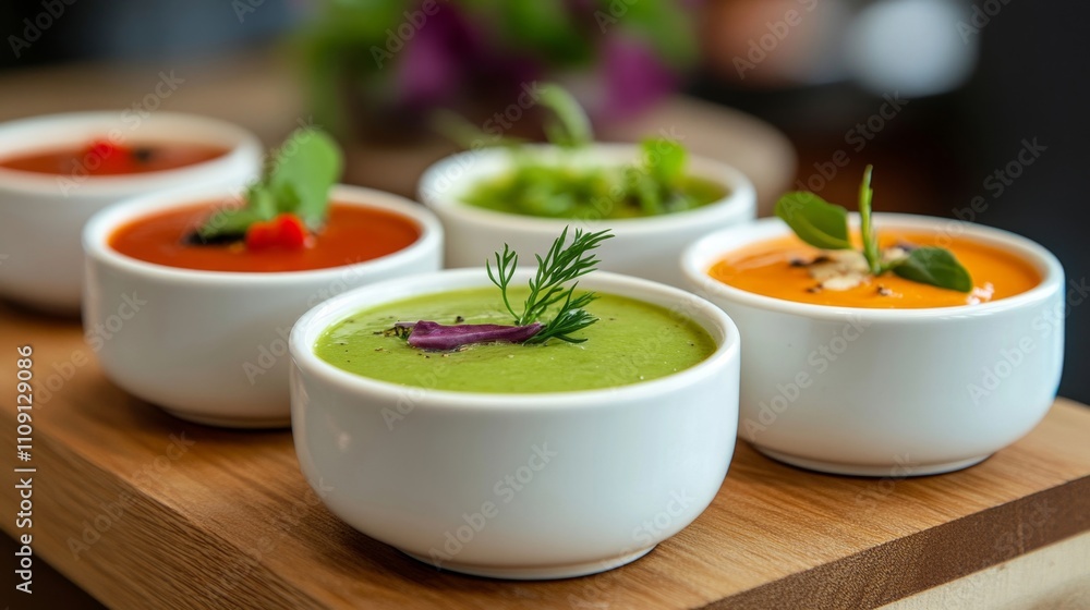 Vibrant Selection of Fresh Summer Soups in Elegant White Bowls on Wooden Tray Vibrant Selection of Fresh Summer Soups in Elegant White Bowls on Wooden Tray
