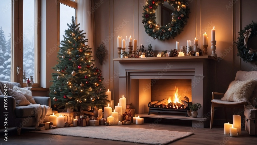 Obraz premium Cozy Living Room with Fireplace and Candles