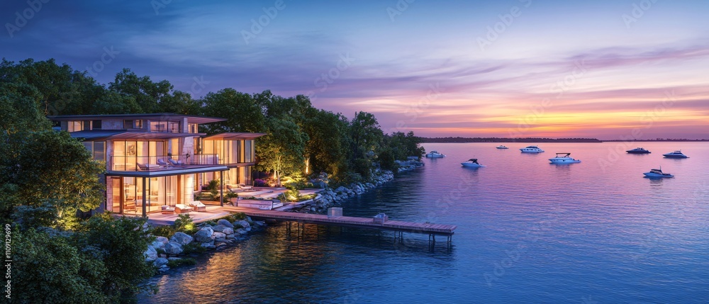 Fototapeta premium A modern lakeside house at sunset, showcasing architecture and natural beauty.