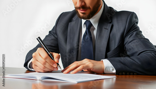 Confident mature male notary in formalwear stamping signed paper documents while preparing for visit of clients with a white accent, png photo