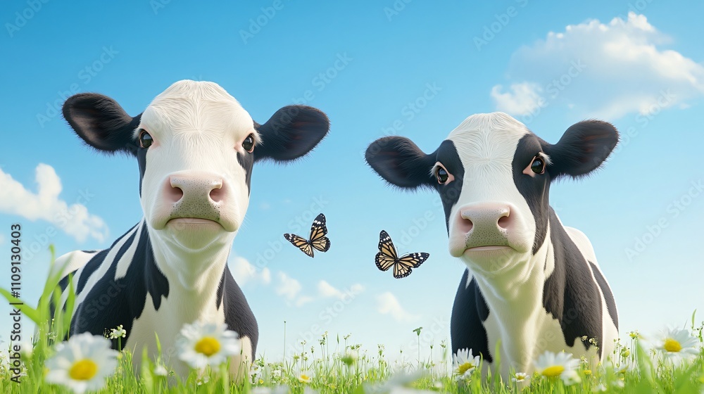 Obraz premium Heartwarming cows in a sunny field with butterflies and wildflowers