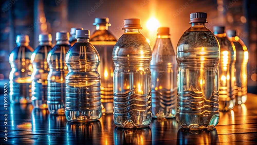 Shelf with plastic bottles, reflecting the theme of ecology and recycling and clean water Shelf with plastic bottles, reflecting the theme of ecology and recycling and clean water