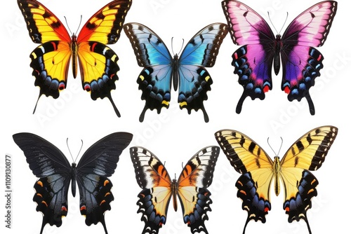 A cluster of colorful butterflies gathered on a clean white surface photo