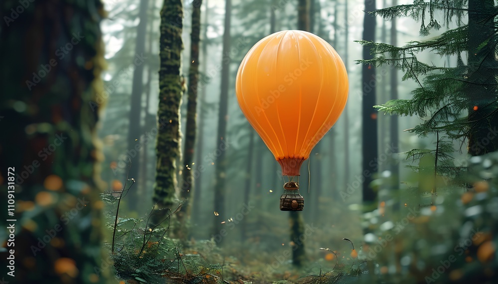 Obraz premium Hot air balloon adventure forest nature photography misty environment aerial view serenity and exploration