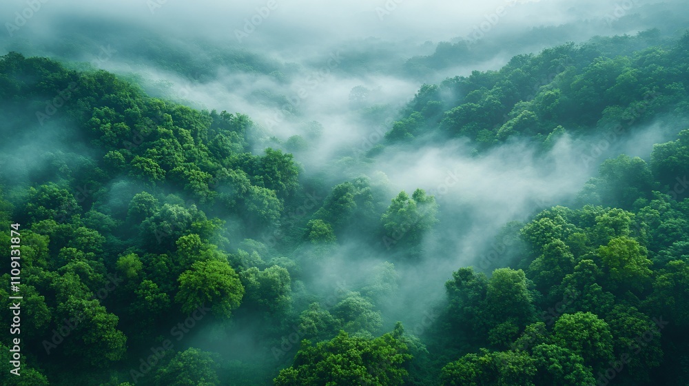 Lush green forest enveloped in mist during early morning hours Lush green forest enveloped in mist during early morning hours