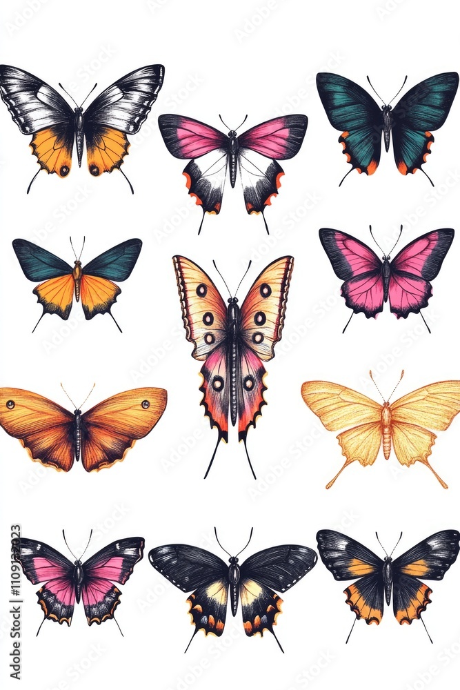 A collection of colorful butterflies on a white background, ideal for use in illustrations and designs A collection of colorful butterflies on a white background, ideal for use in illustrations and designs