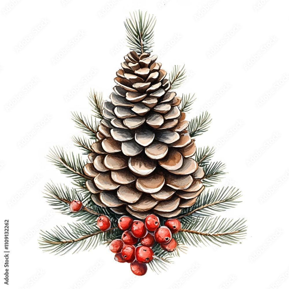 Pinecone christmas tree decoration with winterberry illustration
