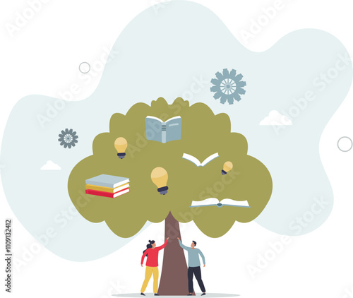 Education and access to resources and book literature.Library as growing knowledge tree for learning, training and personal development.flat characters.