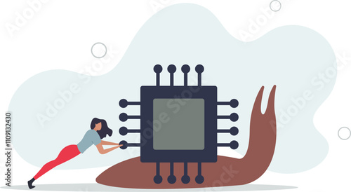 Semiconductor and computer chip shortage slow down world economic, supply chain problem impact electronics and car manufacturing.flat characters.