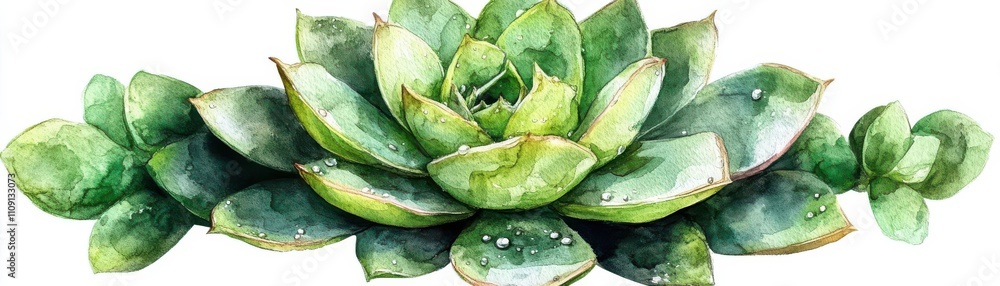 Naklejka premium Captivating green succulent with dewdrops, painted in watercolor