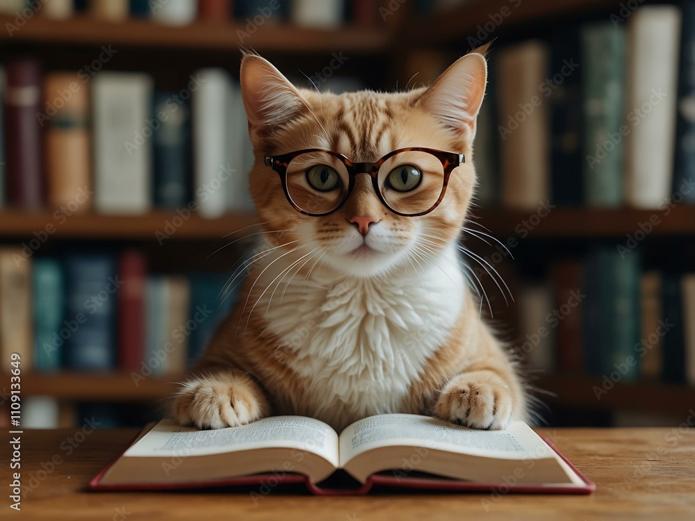 Whimsical cat wearing glasses, reading a book in a cozy library. Whimsical cat wearing glasses, reading a book in a cozy library.