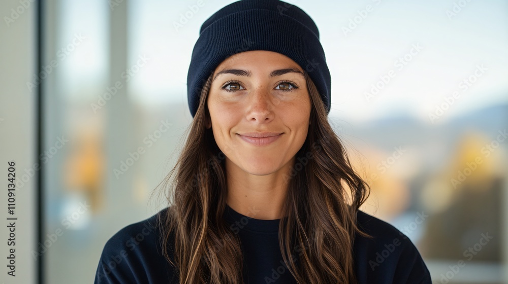 Native American woman smiling indoors wearing a navy blue beanie and sweater Native American woman smiling indoors wearing a navy blue beanie and sweater