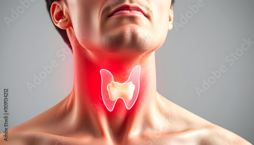 Thyroid gland inflammation, sore throat and cough, man with neck pain on gray background with a white accent, png