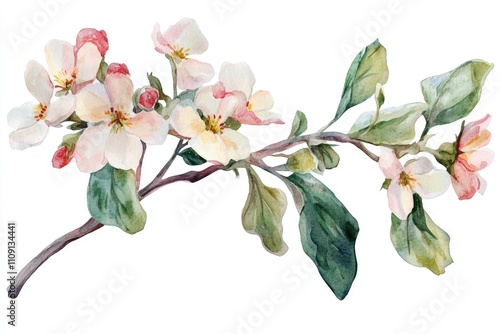 Delicate watercolor illustration of an apple blossom branch with pink and white flowers, suitable for use in designs related to spring, nature, or gardening photo