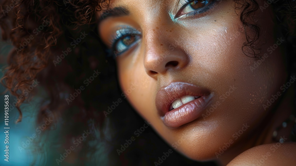 A close-up view of a woman's face with bright blue eyes A close-up view of a woman's face with bright blue eyes