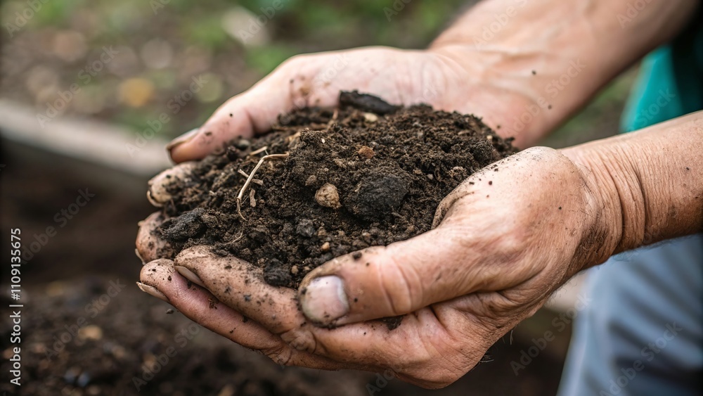 Farmer's hands holding fertile soil as a symbol of caring for nature and ecology. Farmer's hands holding fertile soil as a symbol of caring for nature and ecology.