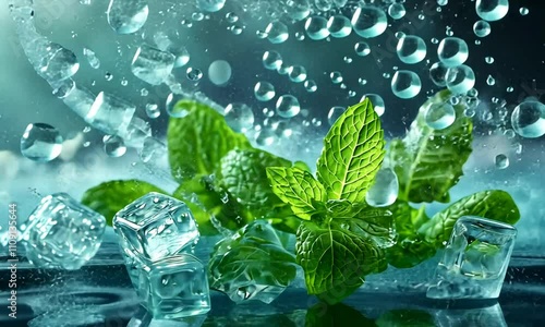 Fresh green mint leaves with water droplets and ice cubes, symbolizing freshness and cooling photo