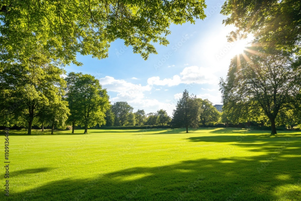 Fototapeta premium Park scene with sunlight shining through tree branches
