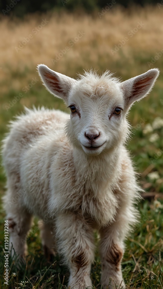 Fototapeta premium White baby goat in a meadow