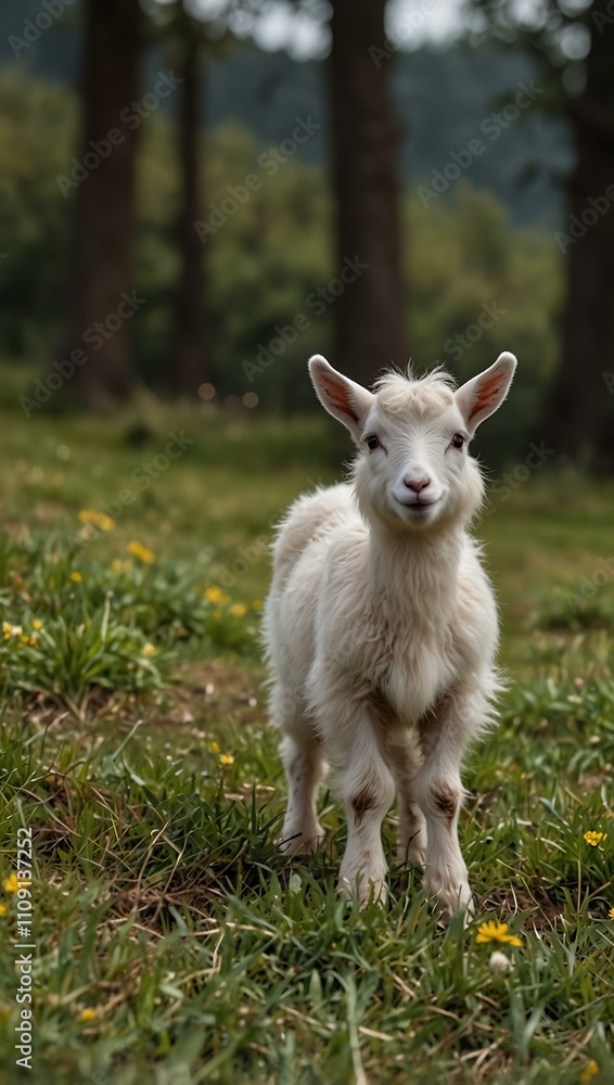 Fototapeta premium White baby goat in a meadow