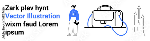 Businesswoman holding a folder, briefcase with strap, upward arrows. Ideal for business presentations, career websites, corporate reports, growth strategy, marketing materials, educational content