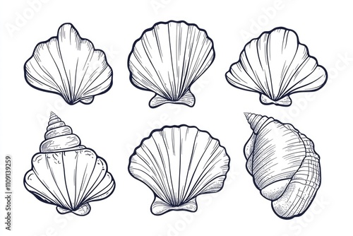 A set of seashells depicted in ink on a white background, perfect for use in designs and illustrations related to beach and ocean themes photo