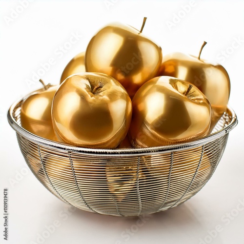 Shiny apples of gold in a silver basket