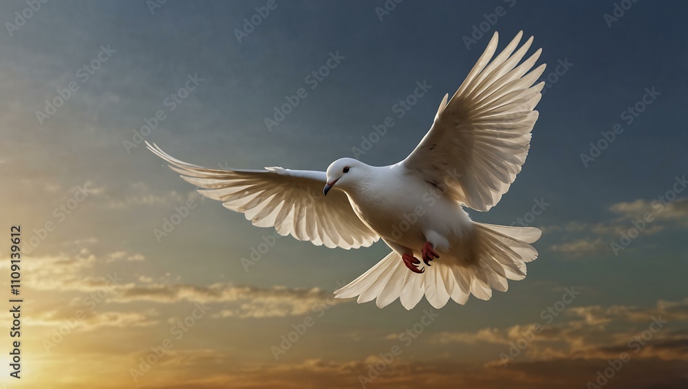Obraz premium White dove flying gracefully with wings spread, in warm light.