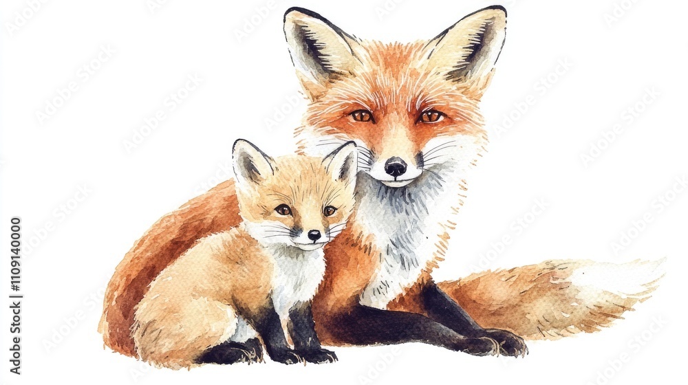 Obraz premium A watercolor illustration of a mother fox holding her baby in a cozy scene
