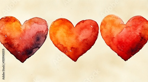 Three watercolor hearts in red and orange hues on beige background.