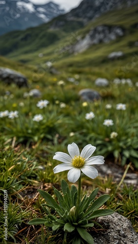White flower in the green Alpine highlands.
