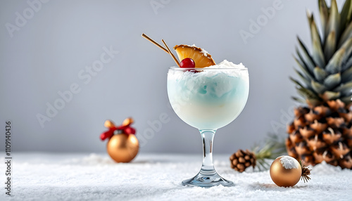 Jack Frost Christmas Cocktail with coconut rum, blue curacao, coconut cream and pineapple juice with a white accent, png