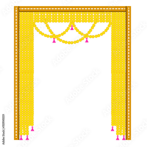 Floral toran setup backdrop decor design with colorful tassle hangings, marigold floral hanging for Indian haldi mehendi sangeet maayra bhaat ceremony functions