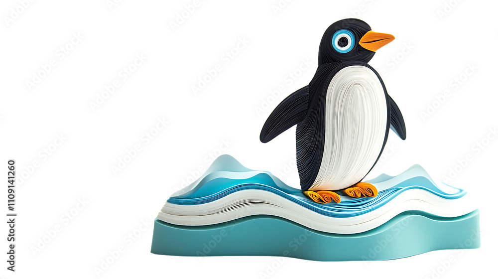 Fototapeta premium Cute Cartoon Penguin Standing on Snowy Iceberg with Waves