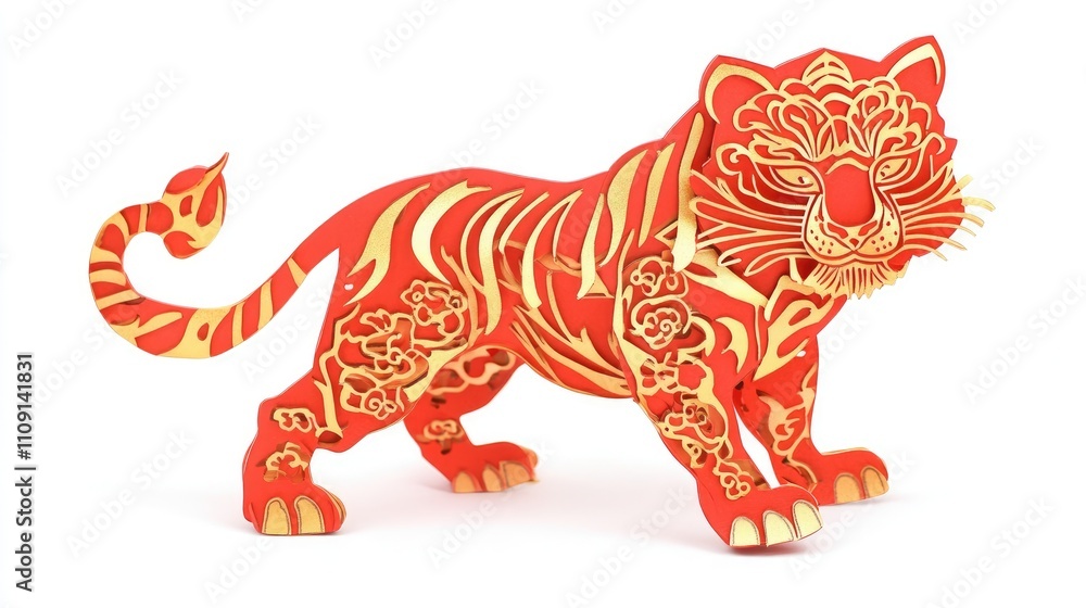 Fototapeta premium Chinese tiger paper cutout in red and gold, isolated on white.