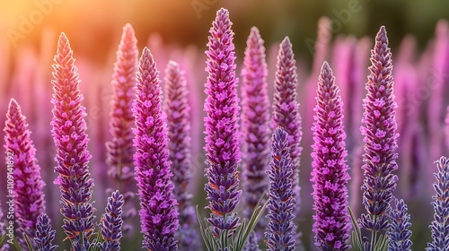 Vibrant purple lavender flowers in a field at sunset.